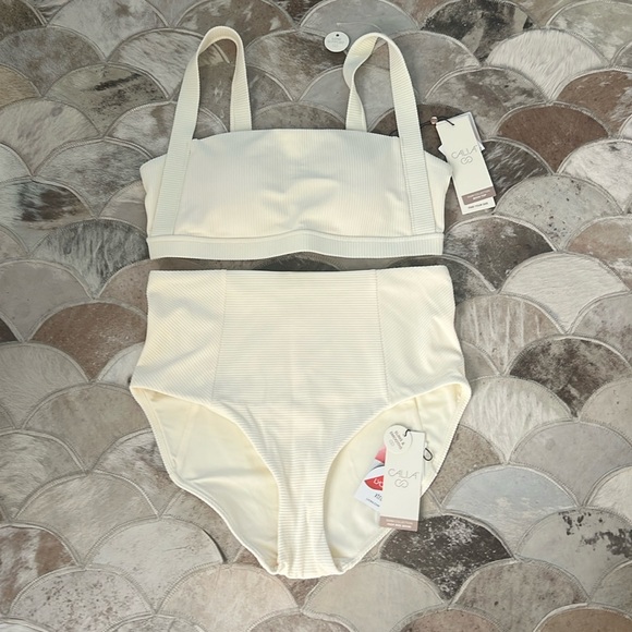 NWT CALIA Two Piece Swim Suit with High Rise Bottom Ivory Ribbed Size Medium - Picture 2 of 7